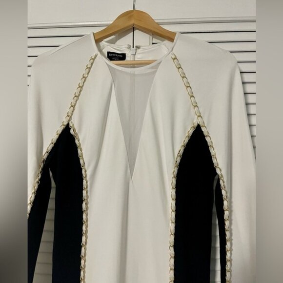 NWOT bebe Black and White Long-Sleeved Knee-Length Dress with Gold Chain Accent - Picture 2 of 8